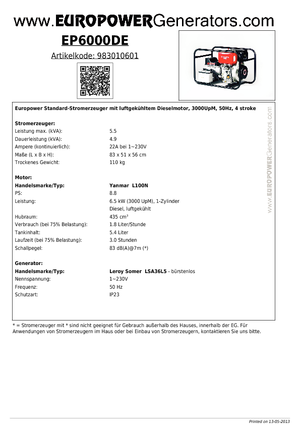 Grupos electrógenos diesel Europower EP 6000 DE (LS)