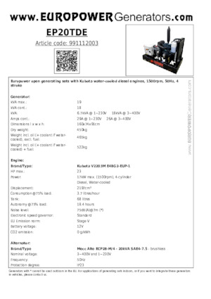 Grupos electrógenos diesel Europower EP20TDE (MA)