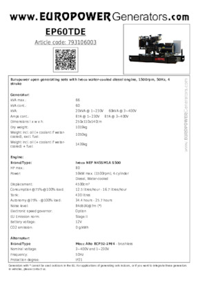 Grupos electrógenos diesel Europower EP60TDE (MA)