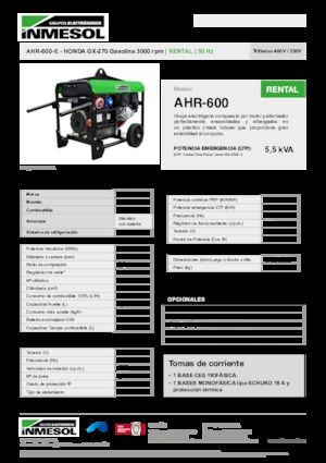 Grupos electrógenos, gasolina INMESOL AHR-600-E