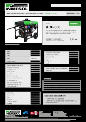 Grupos electrógenos, gasolina INMESOL AHR-600-M
