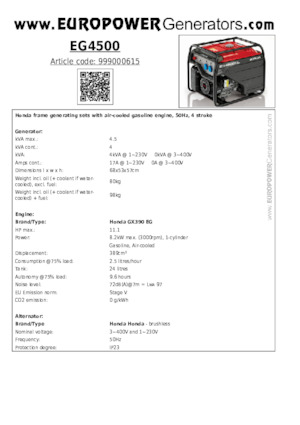 Grupos electrógenos, gasolina Europower EG4500