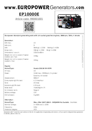 Grupos electrógenos, gasolina Europower EP10000E (MA)