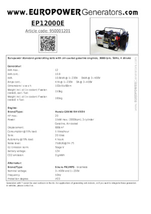 Grupos electrógenos, gasolina Europower EP12000E (S)