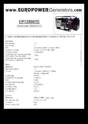 Grupos electrógenos, gasolina Europower EP13500TE (S)