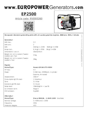 Grupos electrógenos, gasolina Europower EP2500 (S)