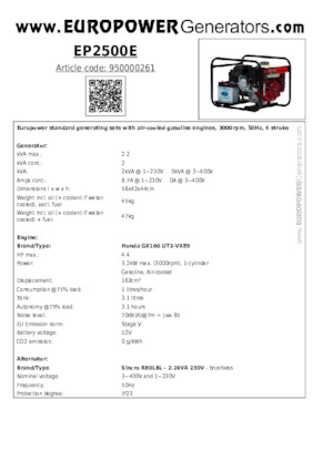 Grupos electrógenos, gasolina Europower EP2500E (S)