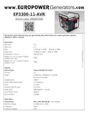 Grupos electrógenos, gasolina Europower EP3300-11-AVR (MA)