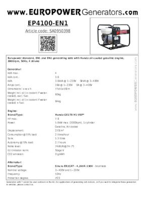 Grupos electrógenos, gasolina Europower EP4100-EN1 (S)
