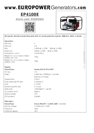 Grupos electrógenos, gasolina Europower EP4100E (S)
