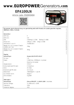 Grupos electrógenos, gasolina Europower EP4100LN (S)