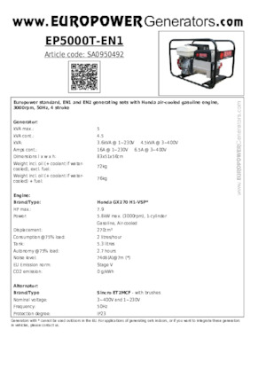 Grupos electrógenos, gasolina Europower EP5000T-EN1 (S)