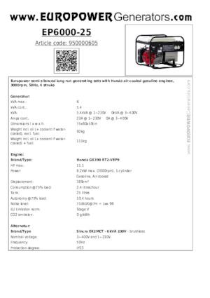 Grupos electrógenos, gasolina Europower EP6000-25 (S)