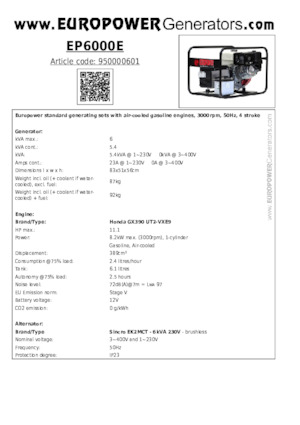 Grupos electrógenos, gasolina Europower EP6000E (S)