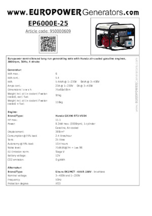 Grupos electrógenos, gasolina Europower EP6000E-25 (S)