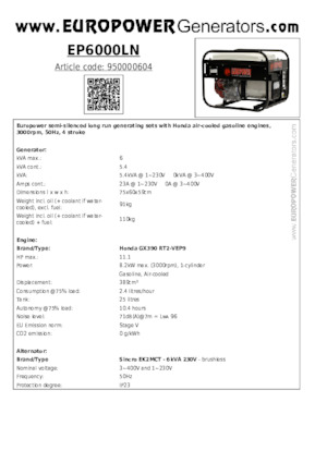 Grupos electrógenos, gasolina Europower EP6000LN (S)