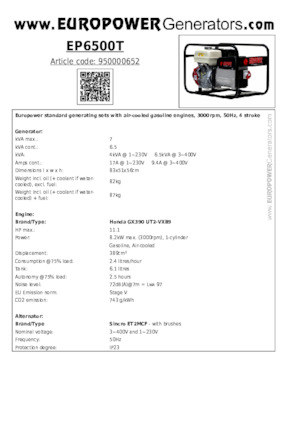 Grupos electrógenos, gasolina Europower EP6500T (S)