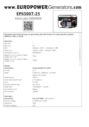 Grupos electrógenos, gasolina Europower EP6500T-25 (S)