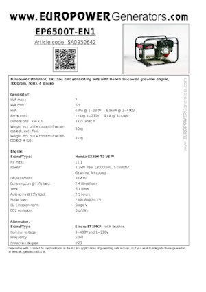 Grupos electrógenos, gasolina Europower EP6500T-EN1 (S)