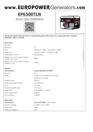 Grupos electrógenos, gasolina Europower EP6500TLN (S)