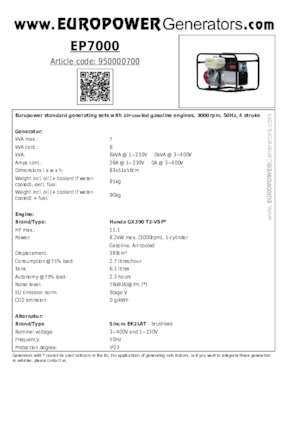 Grupos electrógenos, gasolina Europower EP7000 (S)