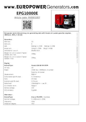 Grupos electrógenos, gasolina Europower EPG10000E (S)