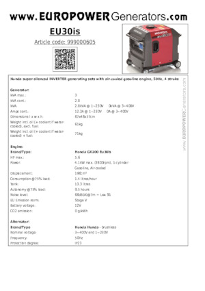Grupos electrógenos, gasolina Europower EU30is