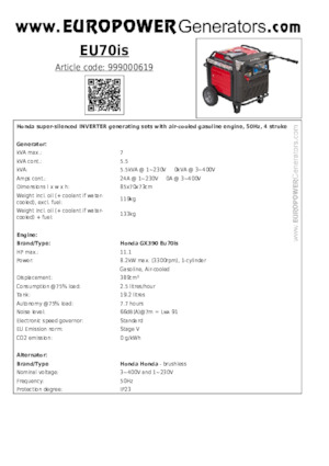 Grupos electrógenos, gasolina Europower EU70is