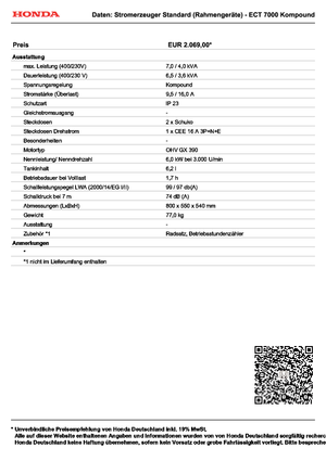 Grupos electrógenos, gasolina Honda ECT 7000