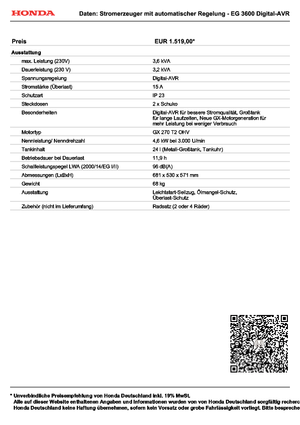 Grupos electrógenos, gasolina Honda EG 3600