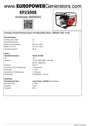 Grupos electrógenos, gasolina Europower EP 2500 E (LS)