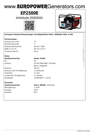 Grupos electrógenos, gasolina Europower EP2500E (S)