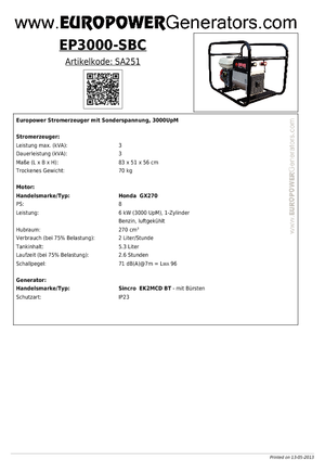 Grupos electrógenos, gasolina Europower EP 3000 S/BC (S)
