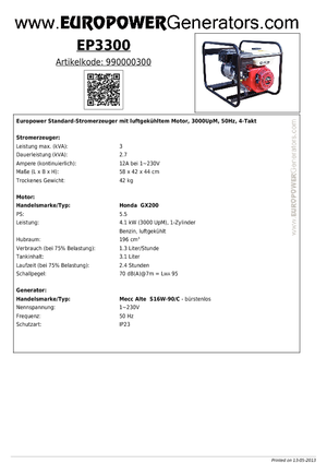 Grupos electrógenos, gasolina Europower EP 3300 MA