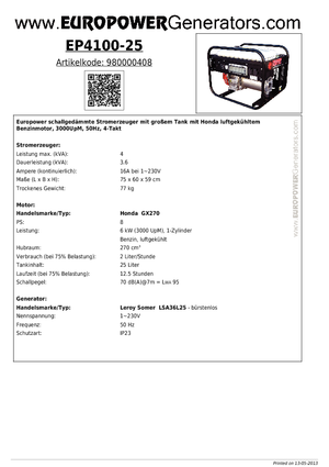 Grupos electrógenos, gasolina Europower EP 4100/25 (LS)