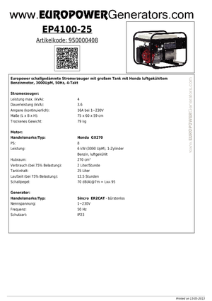 Grupos electrógenos, gasolina Europower EP4100-25 (S)