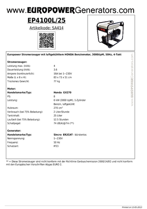 Grupos electrógenos, gasolina Europower EP 4100 L