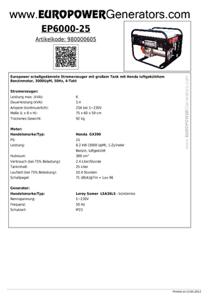 Grupos electrógenos, gasolina Europower EP 6000/25 (LS)