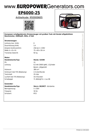 Grupos electrógenos, gasolina Europower EP6000-25 (S)