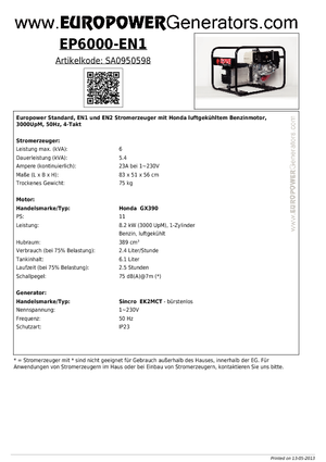 Grupos electrógenos, gasolina Europower EP6000 EN1 (S)