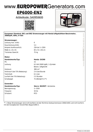 Grupos electrógenos, gasolina Europower EP 6000 EN2 (S)