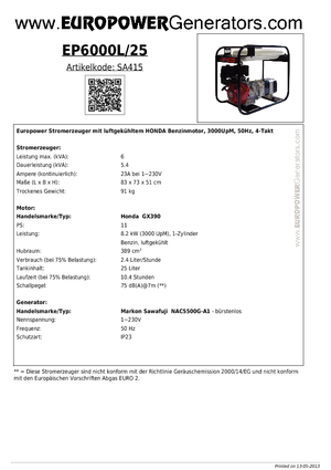 Grupos electrógenos, gasolina Europower EP 6000 L / 25