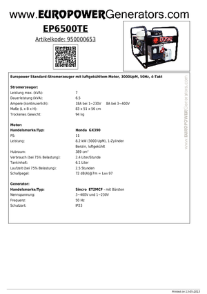 Grupos electrógenos, gasolina Europower EP6500TE (S)
