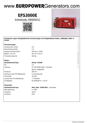 Grupos electrógenos, gasolina Europower EPS 3000 E (MA)