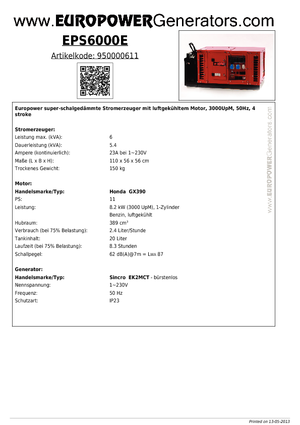 Grupos electrógenos, gasolina Europower EPS6000E (S)