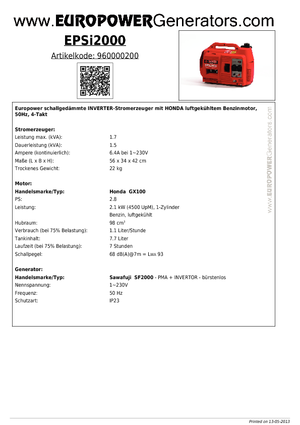 Grupos electrógenos, gasolina Europower EPSi2000 (Sa)