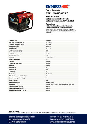 Grupos electrógenos, gasolina Endress ESE 1206 HS-GT ES
