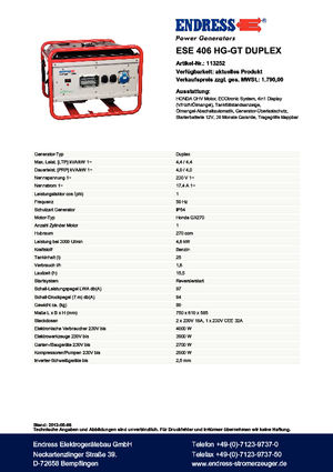 Grupos electrógenos, gasolina Endress ESE 406 HG-GT Duplex