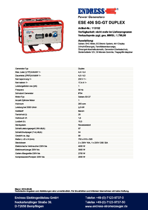 Grupos electrógenos, gasolina Endress ESE 406 SG-GT Duplex