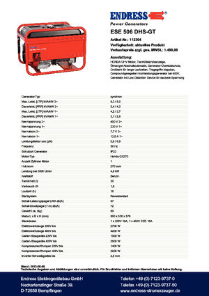 Grupos electrógenos, gasolina Endress ESE 506 DHS-GT